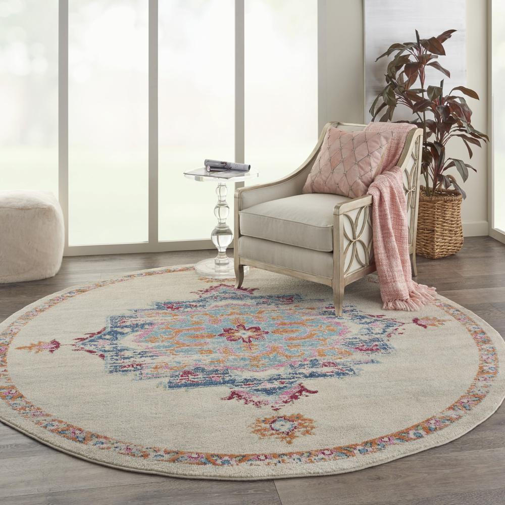 8’ Round Gray Distressed Medallion Area Rug Grey/Multi. Picture 6