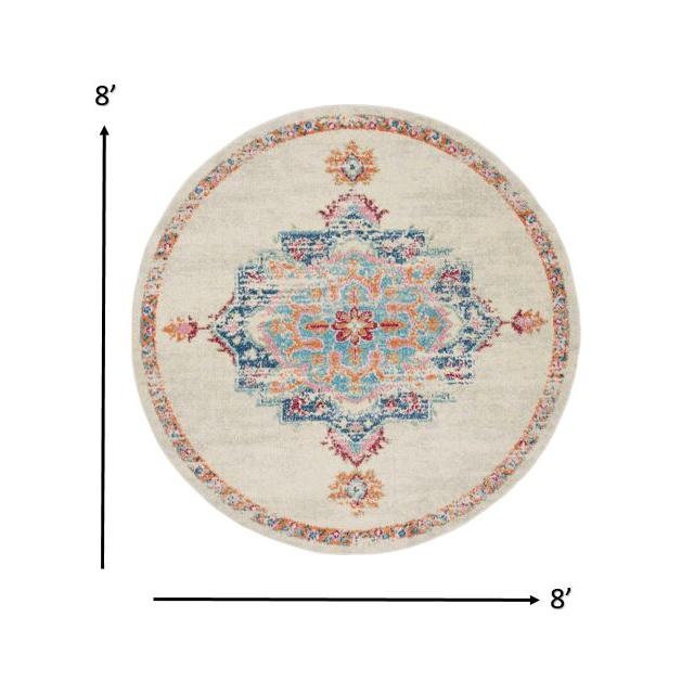8’ Round Gray Distressed Medallion Area Rug Grey/Multi. Picture 7