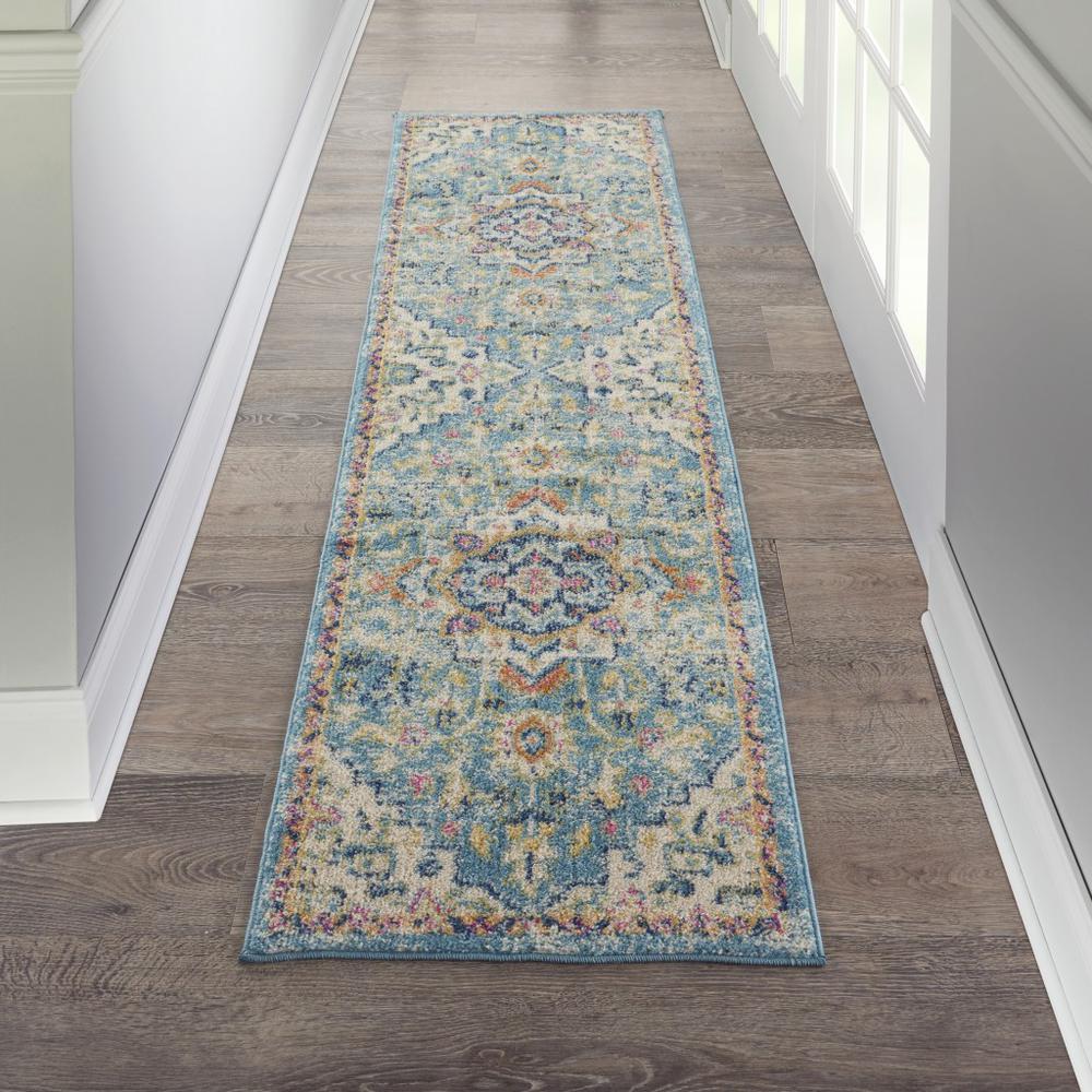 2’ x 6’ Light Blue and Ivory Distressed Runner Rug Ivory/Light Blue. Picture 4