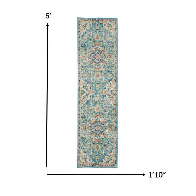 2’ x 6’ Light Blue and Ivory Distressed Runner Rug Ivory/Light Blue. Picture 5