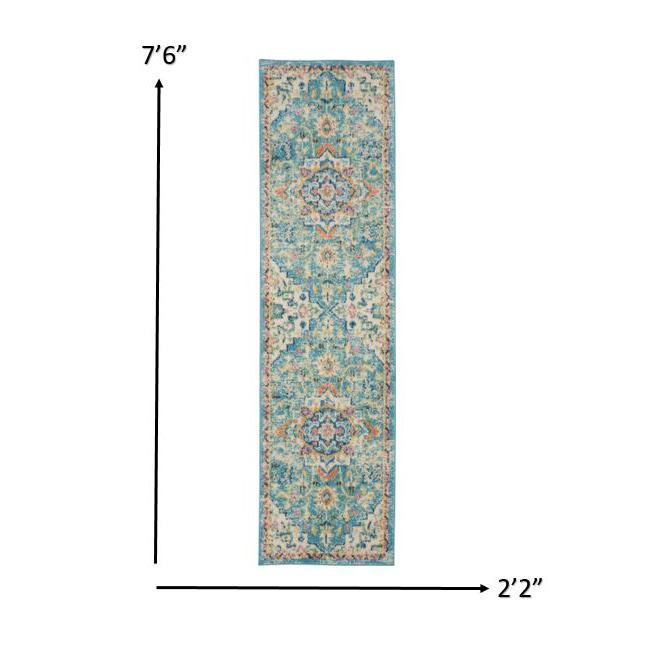 2’ x 8’ Light Blue and Ivory Distressed Runner Rug Ivory/Light Blue. Picture 5