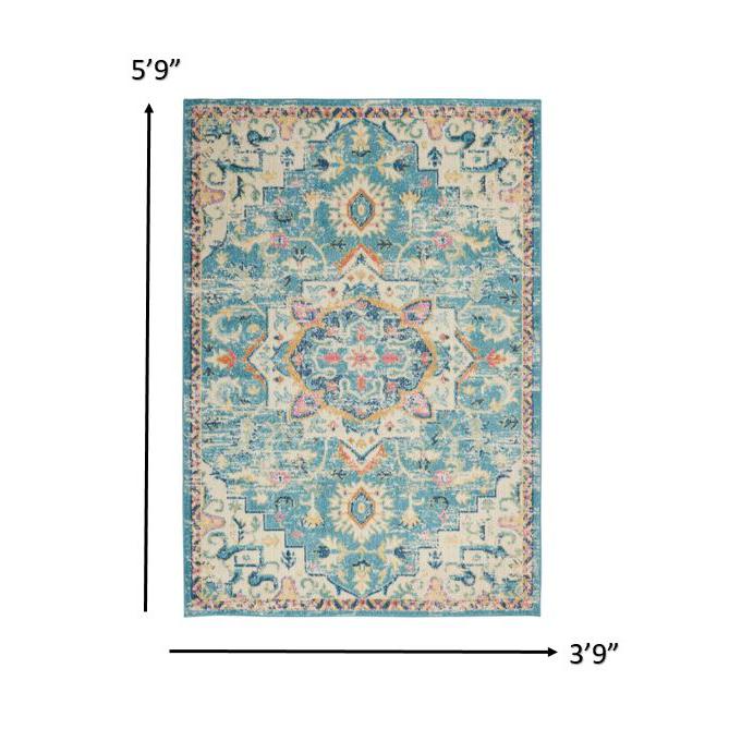 4’ x 6’ Light Blue and Ivory Distressed Area Rug Ivory/Light Blue. Picture 7