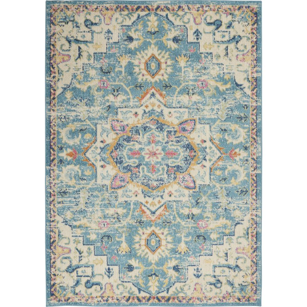 5’ x 7’ Light Blue and Ivory Distressed Area Rug Ivory/Light Blue. Picture 1