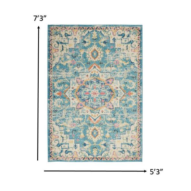 5’ x 7’ Light Blue and Ivory Distressed Area Rug Ivory/Light Blue. Picture 7