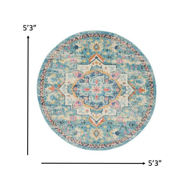 5’ Round Light Blue and Ivory Distressed Area Rug Ivory/Light Blue. Picture 7