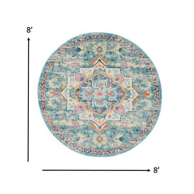 8’ Round Light Blue and Ivory Distressed Area Rug Ivory/Light Blue. Picture 7