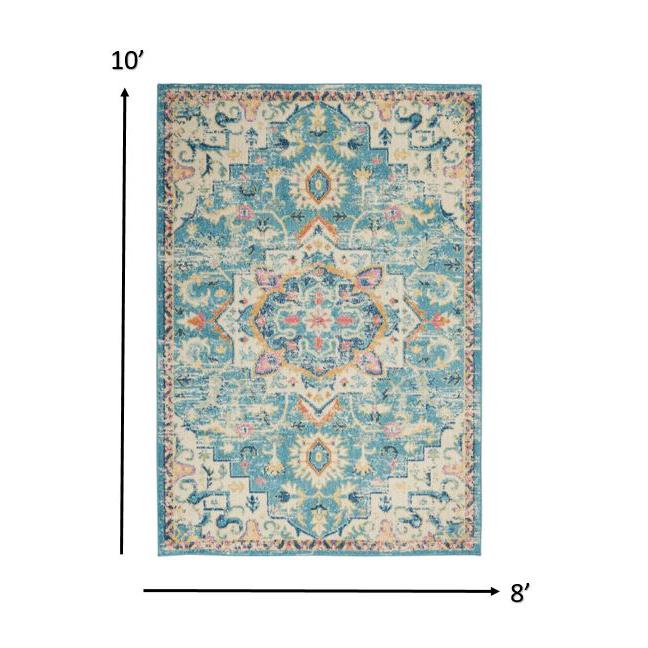8’ x 10’ Light Blue and Ivory Distressed Area Rug Ivory/Light Blue. Picture 7