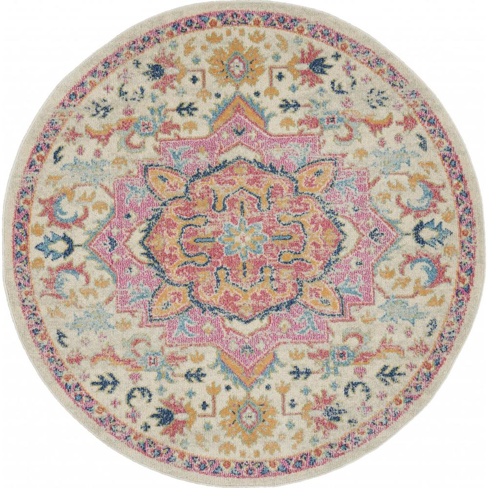 5’ Round Ivory and Pink Medallion Area Rug - 385591. Picture 1