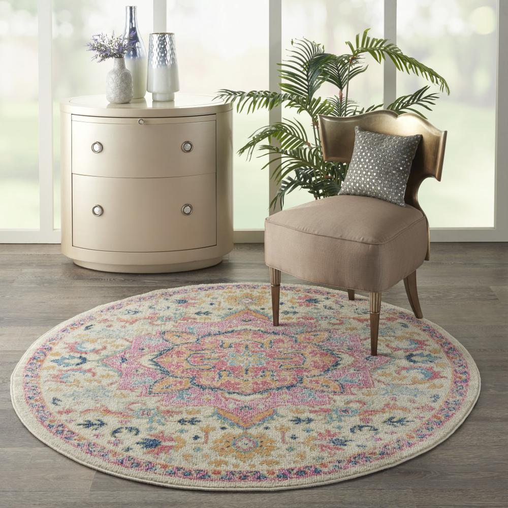 5’ Round Ivory and Pink Medallion Area Rug - 385591. Picture 4