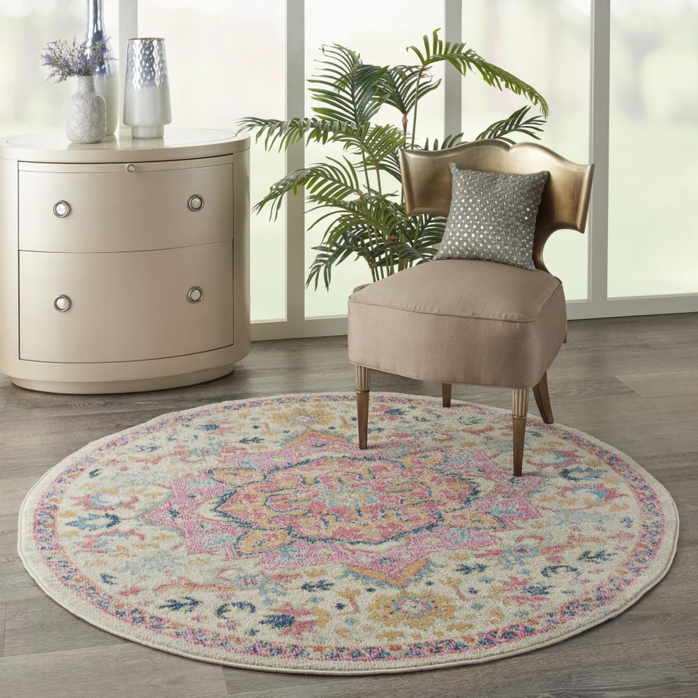 5’ Round Ivory and Pink Medallion Area Rug - 385591. Picture 6