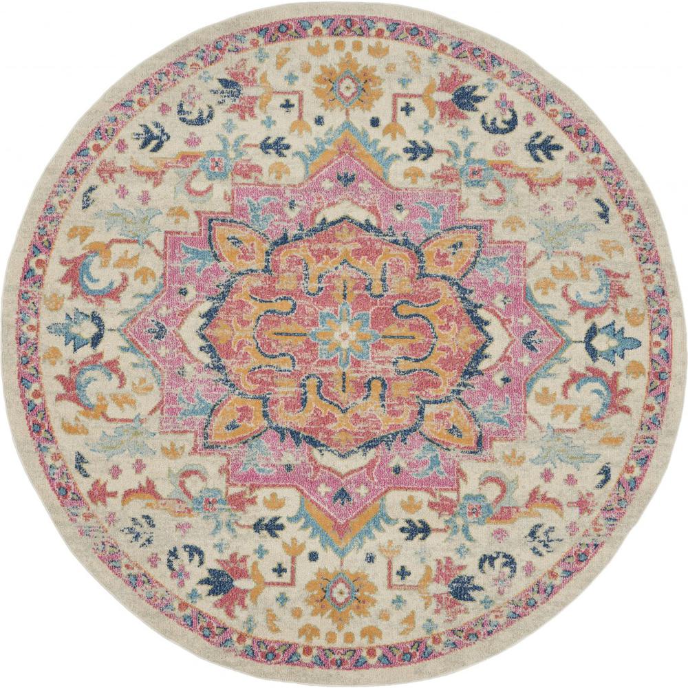 8’ Round Ivory and Pink Medallion Area Rug - 385593. Picture 1