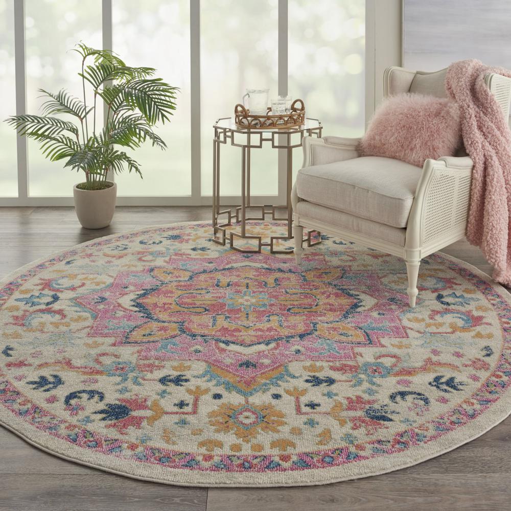 8’ Round Ivory and Pink Medallion Area Rug - 385593. Picture 4