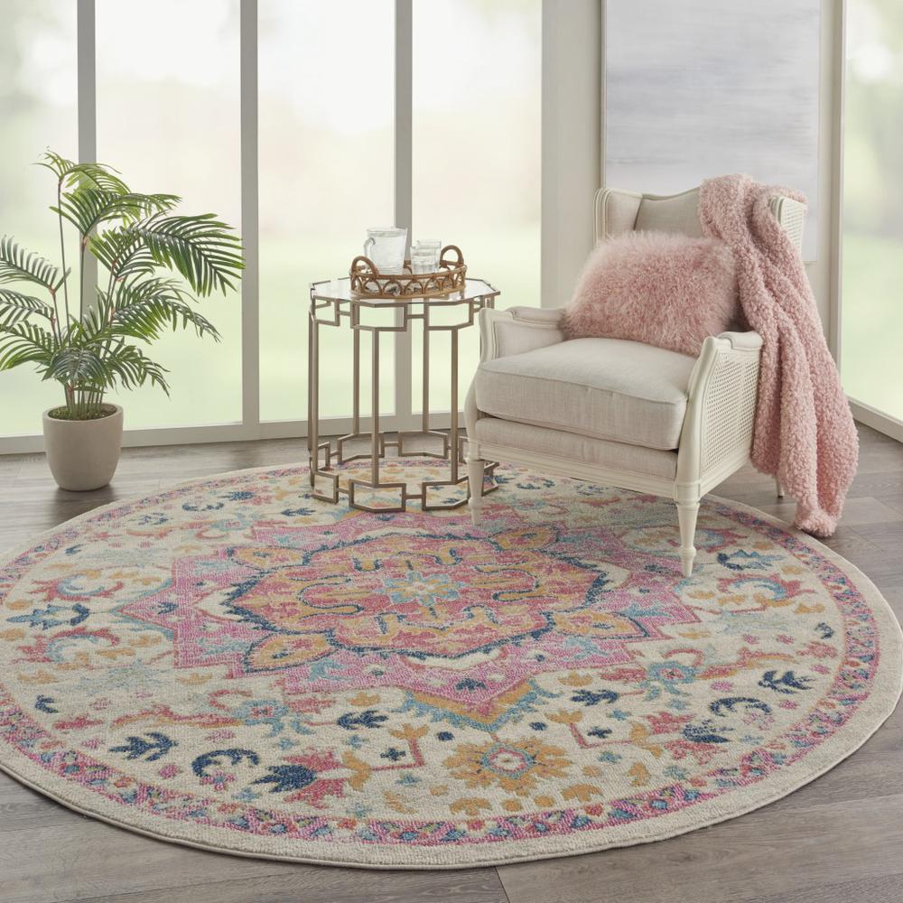 8’ Round Ivory and Pink Medallion Area Rug - 385593. Picture 6