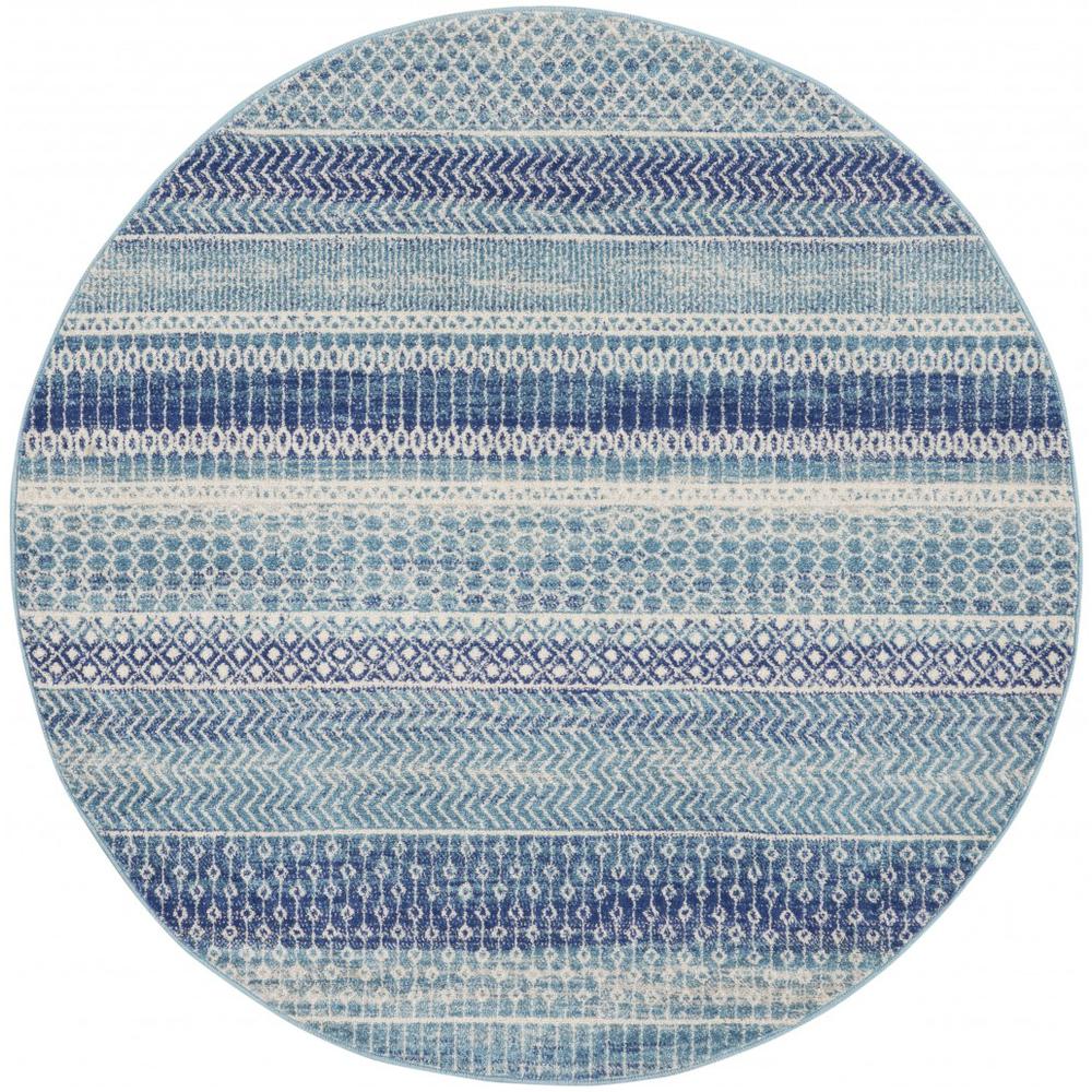 5’ Round Navy Blue Ornate Stripes Area Rug - 385599. Picture 1