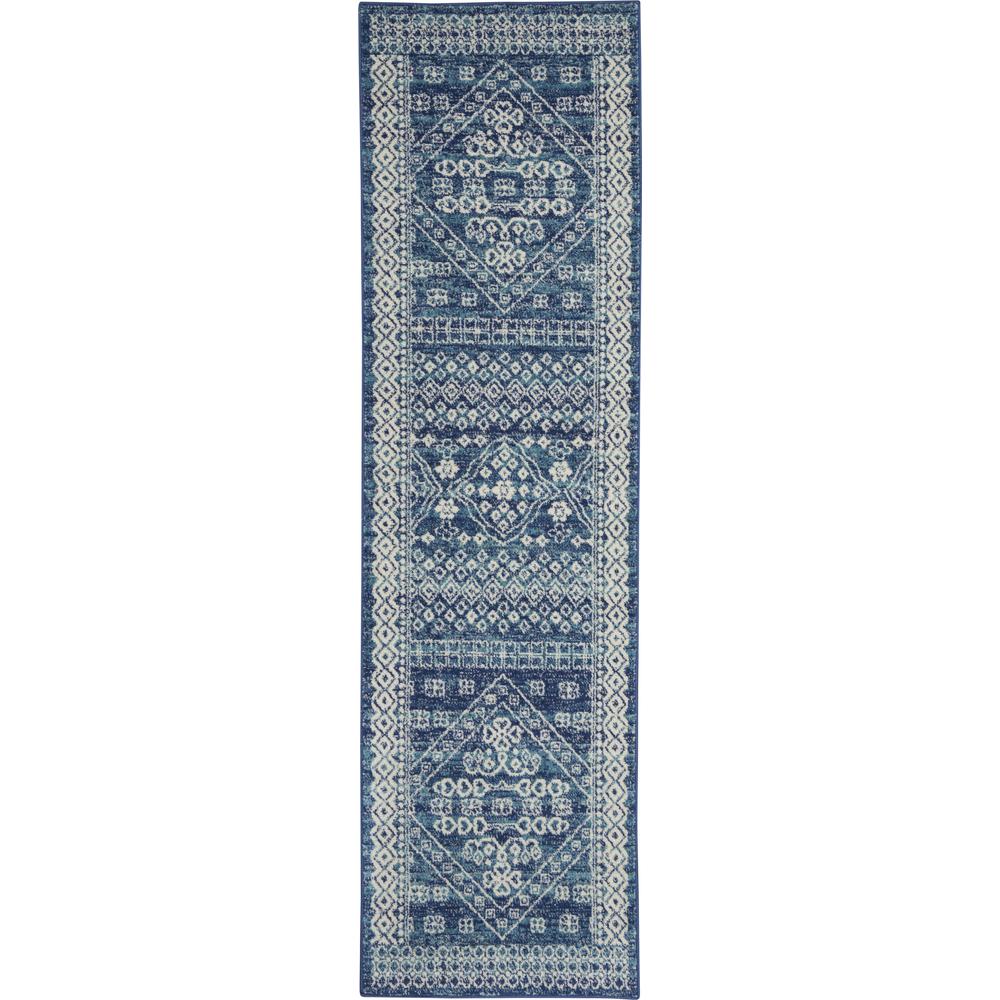 2’ x 8’ Navy Blue and Ivory Persian Motifs Runner Rug Navy Blue. Picture 1