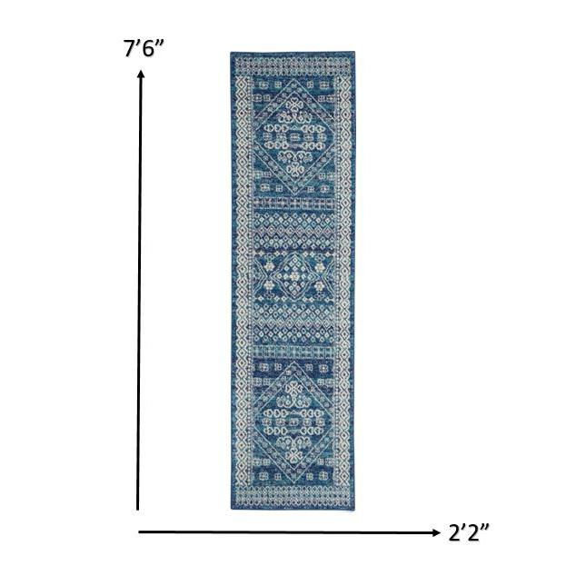 2’ x 8’ Navy Blue and Ivory Persian Motifs Runner Rug Navy Blue. Picture 6