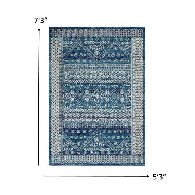 5’ x 7’ Navy Blue and Ivory Persian Motifs Area Rug Navy Blue. Picture 8