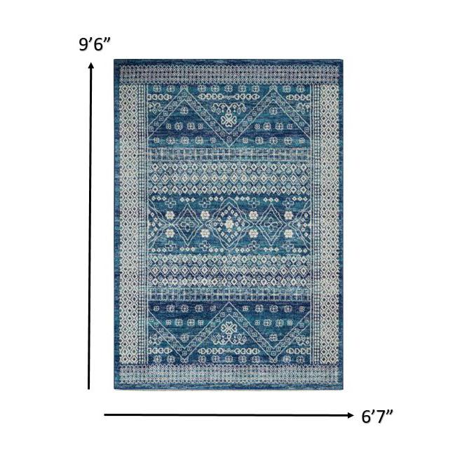 7’ x 10’ Navy Blue and Ivory Persian Motifs Area Rug Navy Blue. Picture 7