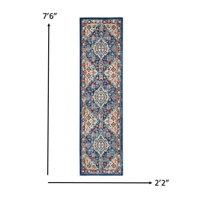 2’ x 8’ Blue and Ivory Medallion Runner Rug Blue/Multicolor. Picture 6