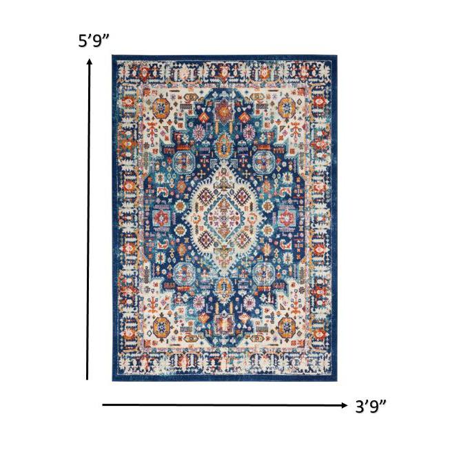 4’ x 6’ Blue and Ivory Medallion Area Rug Blue/Multicolor. Picture 8