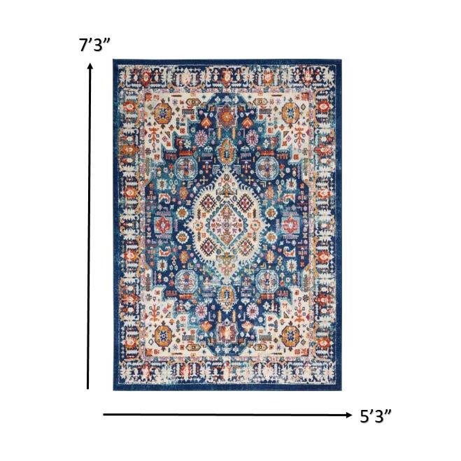 5’ x 7’ Blue and Ivory Medallion Area Rug Blue/Multicolor. Picture 8
