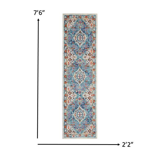 2’ x 8’ Ivory and Blue Floral Motifs Runner Rug Ivory/Multi. Picture 6