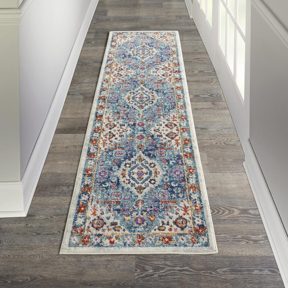 2’ x 8’ Ivory and Blue Floral Motifs Runner Rug Ivory/Multi. Picture 4