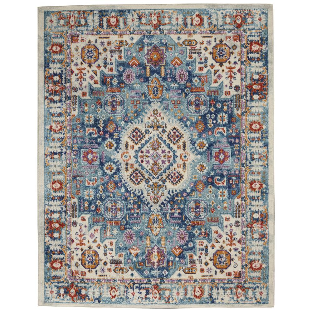 5’ x 7’ Ivory and Blue Floral Motifs Area Rug Ivory/Multi. Picture 1