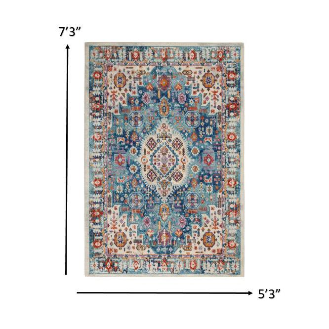 5’ x 7’ Ivory and Blue Floral Motifs Area Rug Ivory/Multi. Picture 8