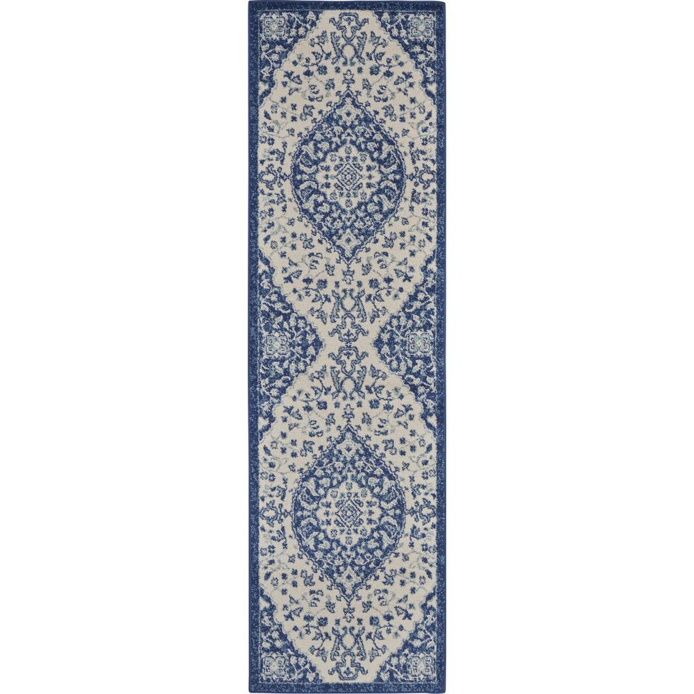 2’ x 8’ Ivory and Blue Medallion Runner Rug Ivory Blue. Picture 1