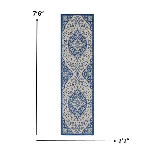 2’ x 8’ Ivory and Blue Medallion Runner Rug Ivory Blue. Picture 6