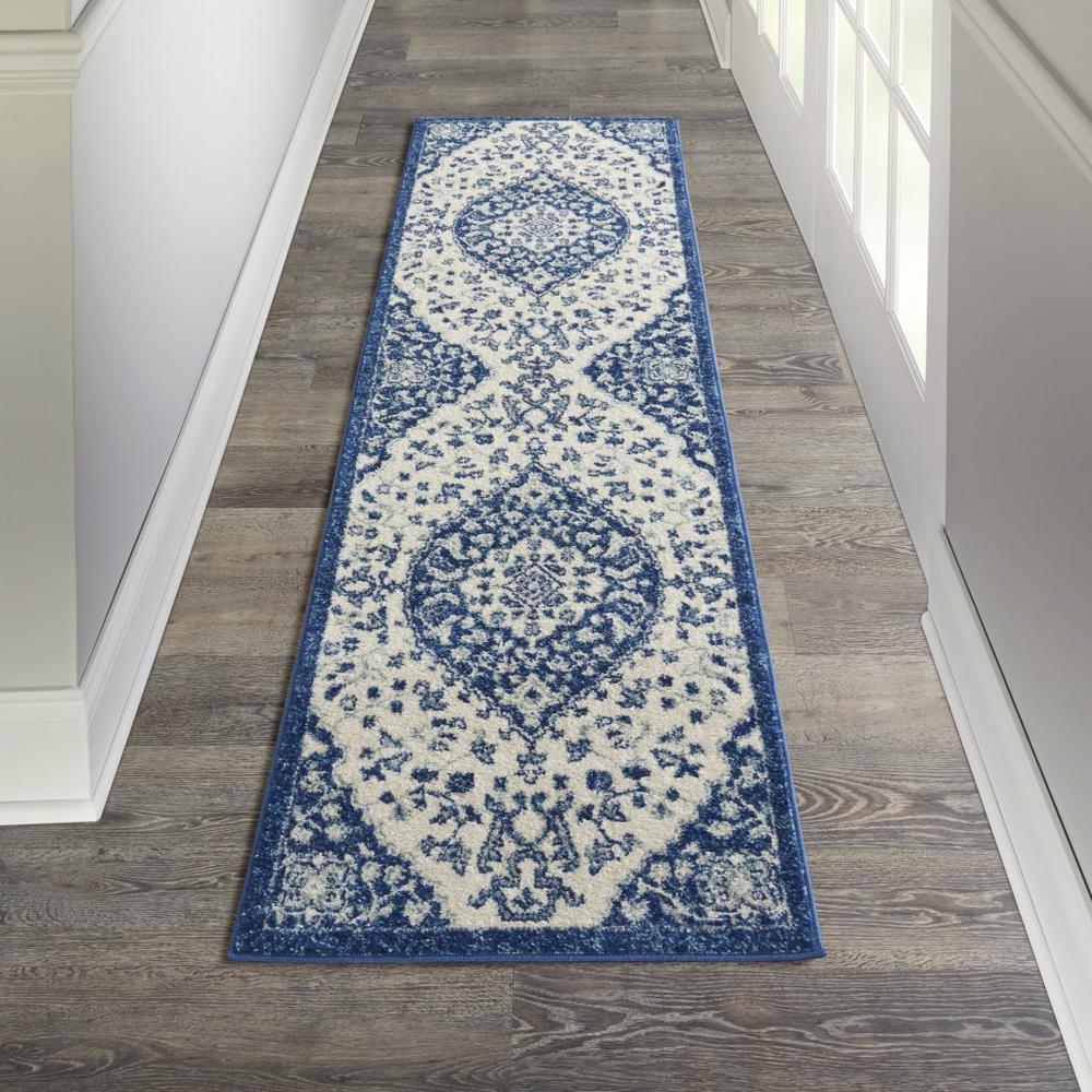 2’ x 8’ Ivory and Blue Medallion Runner Rug Ivory Blue. Picture 4