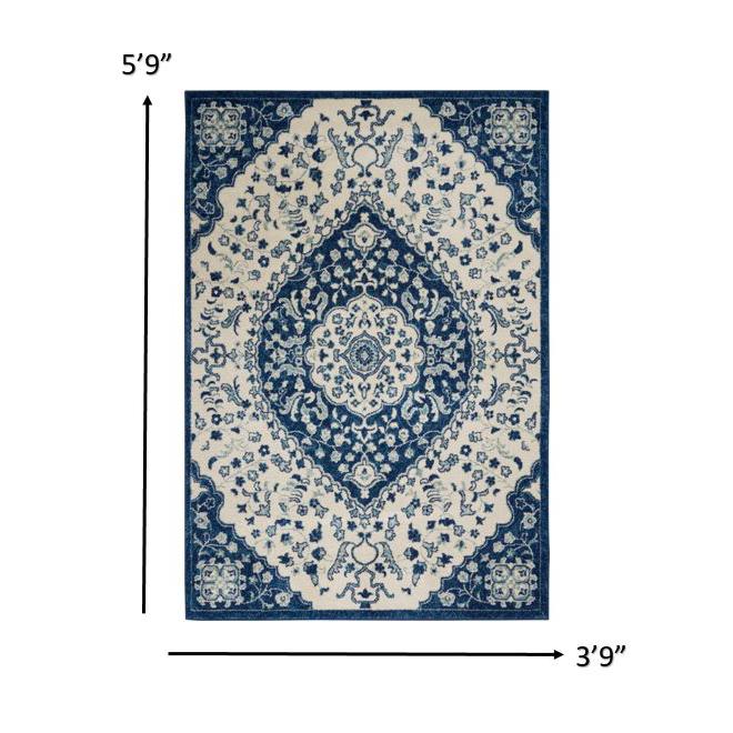 4’ x 6’ Ivory and Blue Medallion Area Rug - Ivory Blue. Picture 8