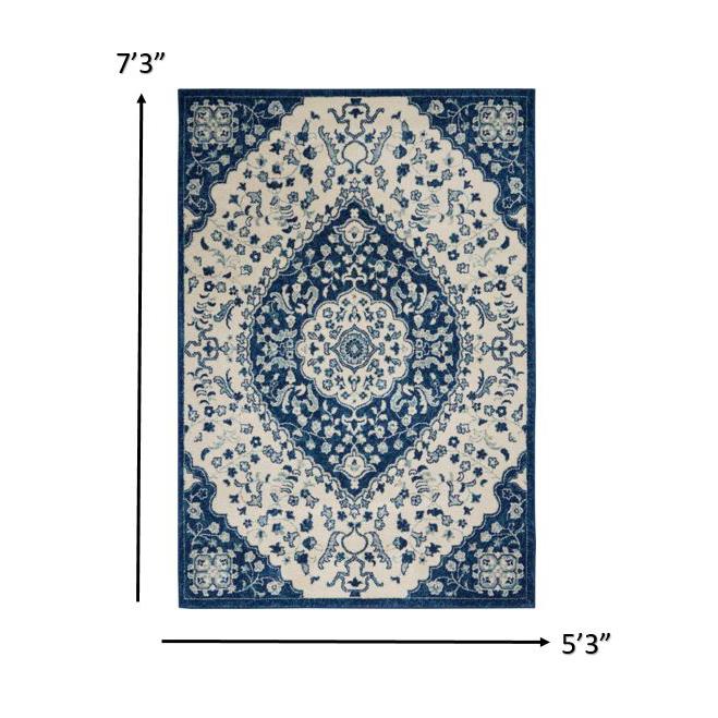 5’ x 7’ Ivory and Blue Medallion Area Rug - Ivory Blue. Picture 8