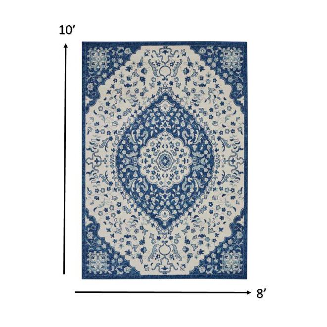 8’ x 10’ Ivory and Blue Medallion Area Rug Ivory Blue. Picture 8