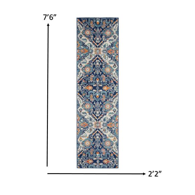 2’ x 8’ Blue and Ivory Persian Patterns Runner Rug Blue/Multicolor. Picture 6
