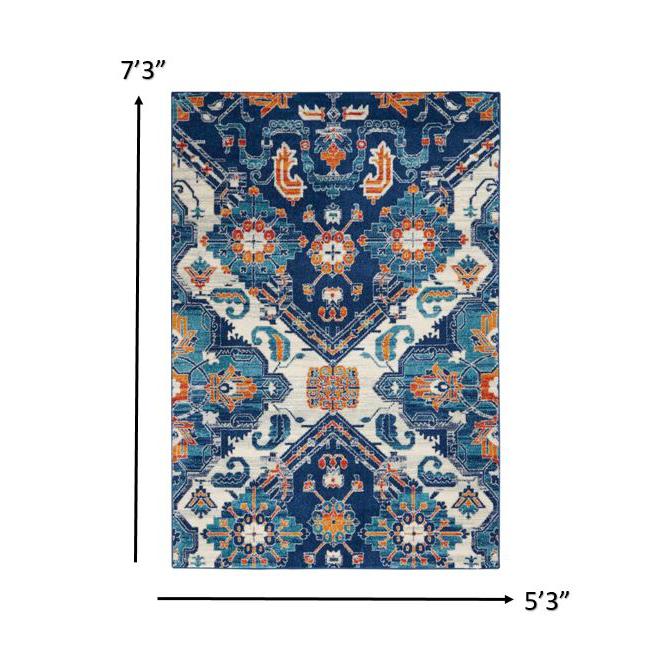 5’ x 7’ Blue and Ivory Persian Patterns Area Rug Blue/Multicolor. Picture 8