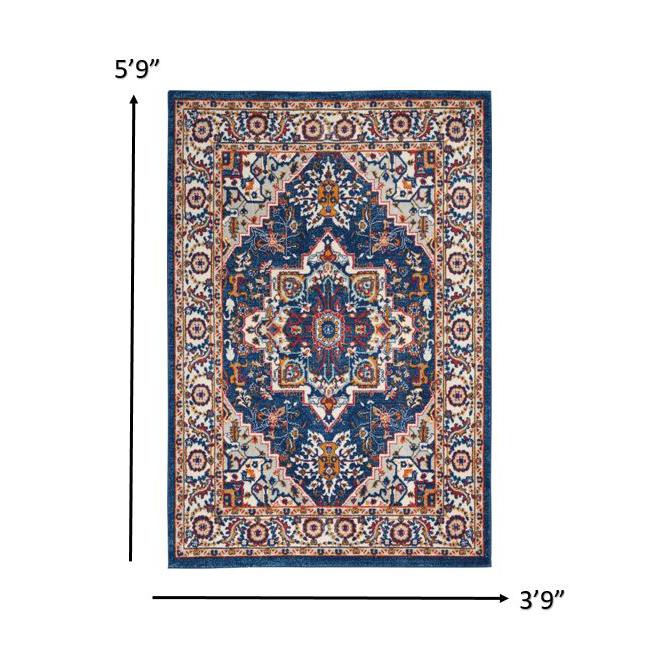 4’ x 6’ Blue and Ruby Medallion Area Rug Blue/Multicolor. Picture 8