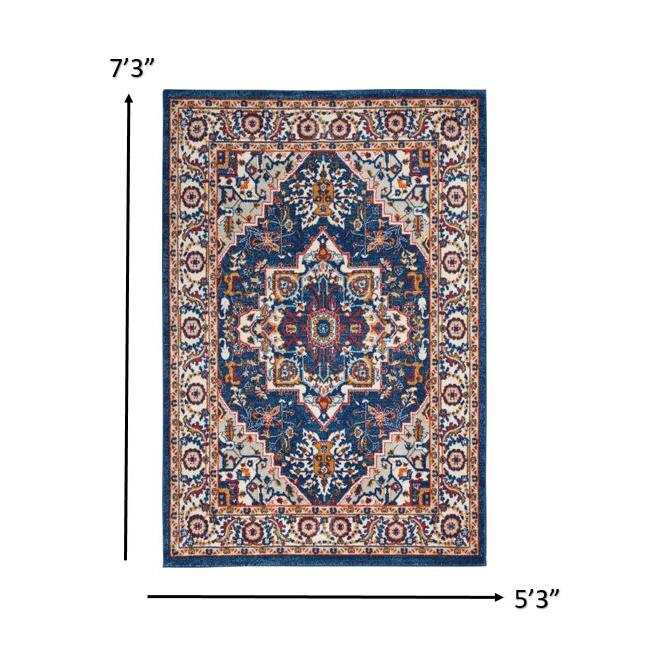 5’ x 7’ Blue and Ruby Medallion Area Rug Blue/Multicolor. Picture 8