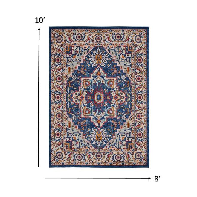 8’ x 10’ Blue and Ruby Medallion Area Rug Blue/Multicolor. Picture 8