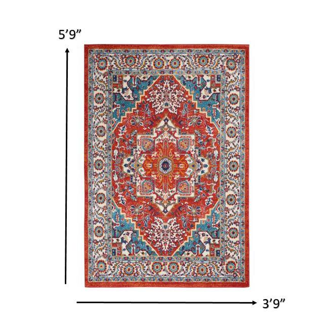 4’ x 6’ Red and Ivory Medallion Area Rug Red Multi Colored. Picture 8