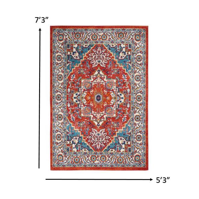 5’ x 7’ Red and Ivory Medallion Area Rug Red Multi Colored. Picture 8