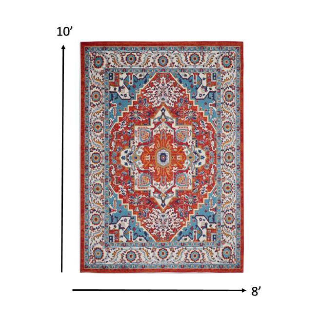 8’ x 10’ Red and Ivory Medallion Area Rug Red Multi Colored. Picture 8