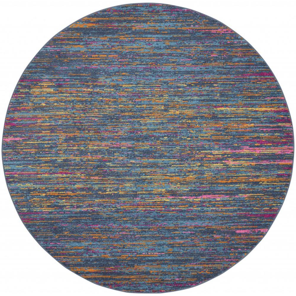 5’ Round Blue Distressed Striations Area Rug Blue/Multicolor. Picture 1