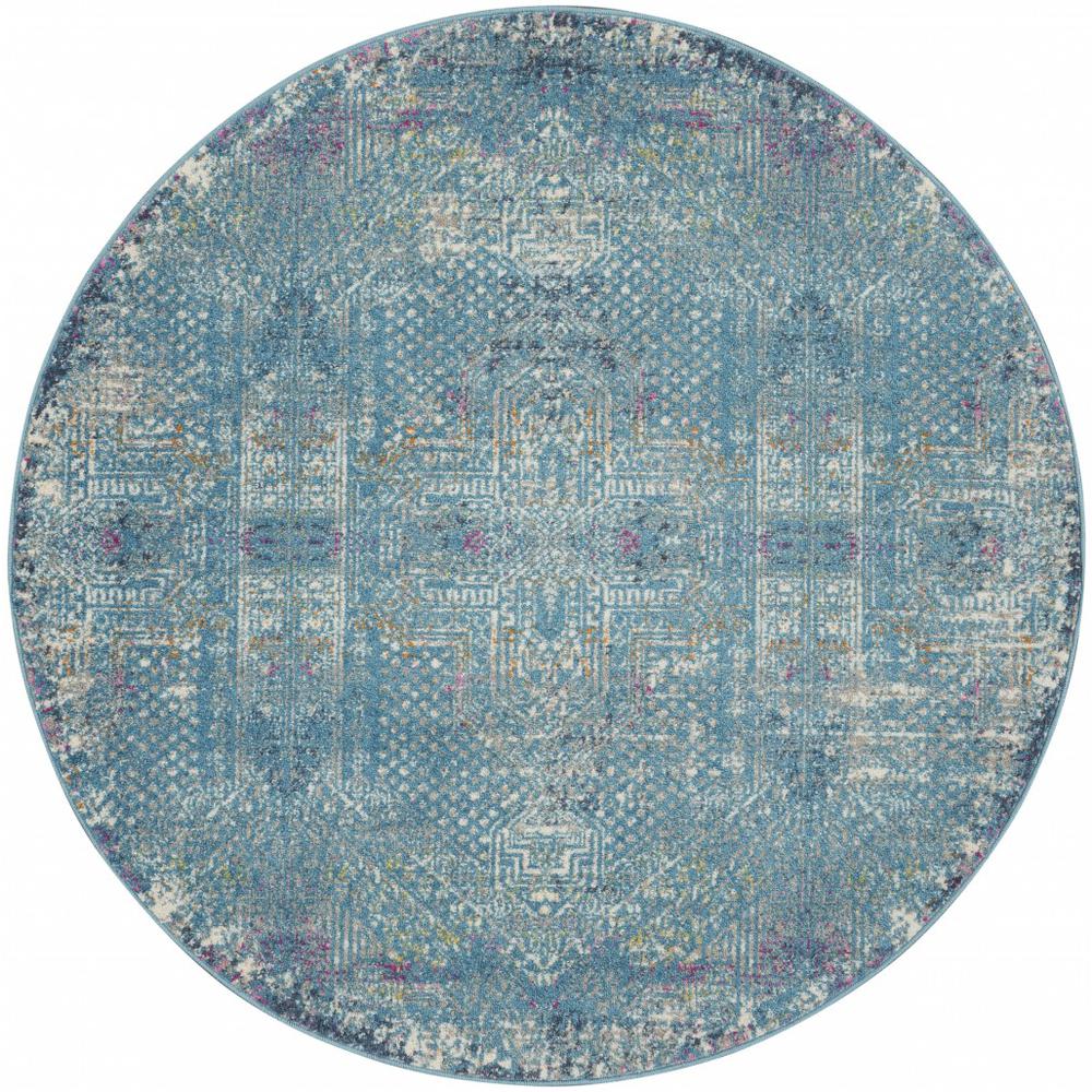 5’ Round Blue Distressed Medallion Area Rug - 385737. Picture 1