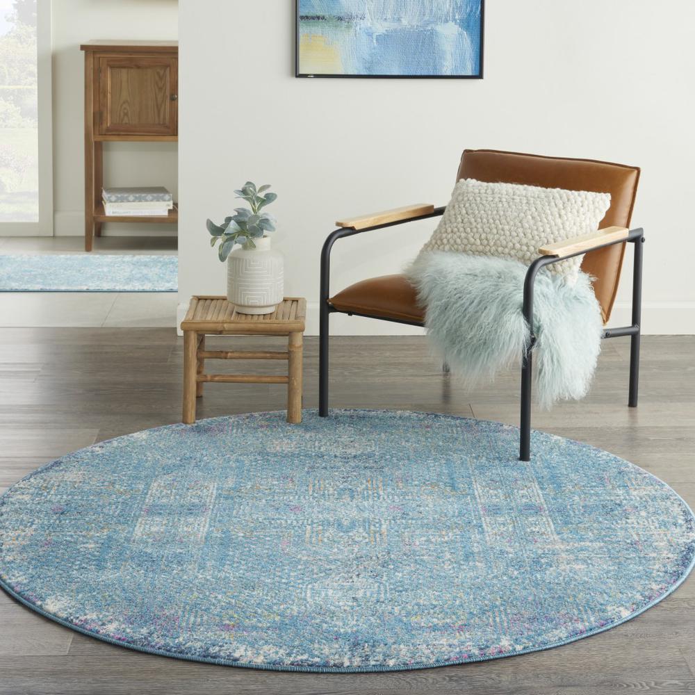 5’ Round Blue Distressed Medallion Area Rug - 385737. Picture 4