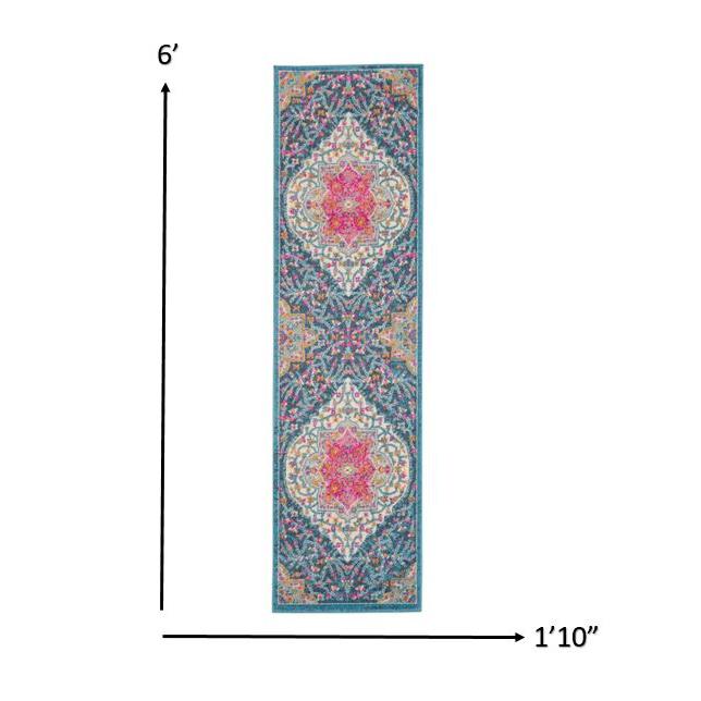2’ x 6’ Blue and Pink Medallion Runner Rug Multicolor. Picture 6