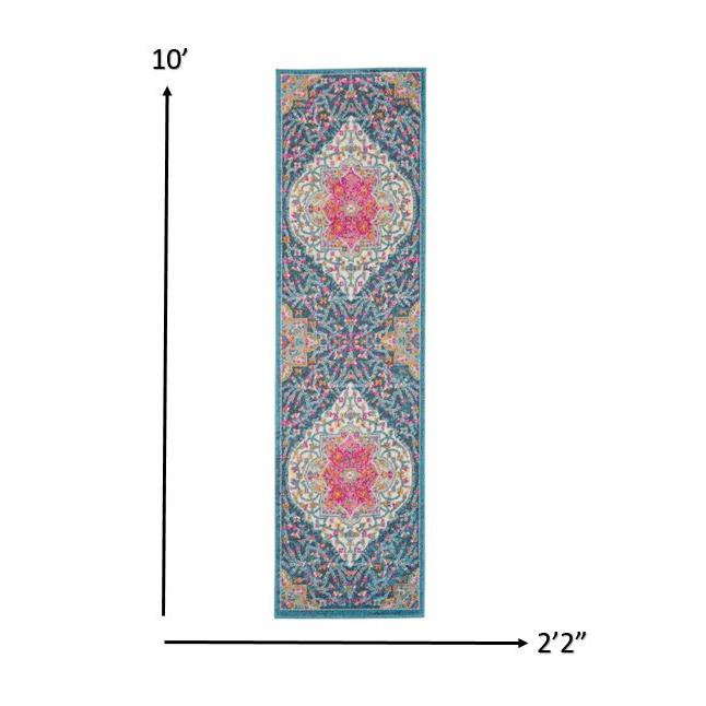 2’ x 10’ Blue and Pink Medallion Runner Rug Multicolor. Picture 6
