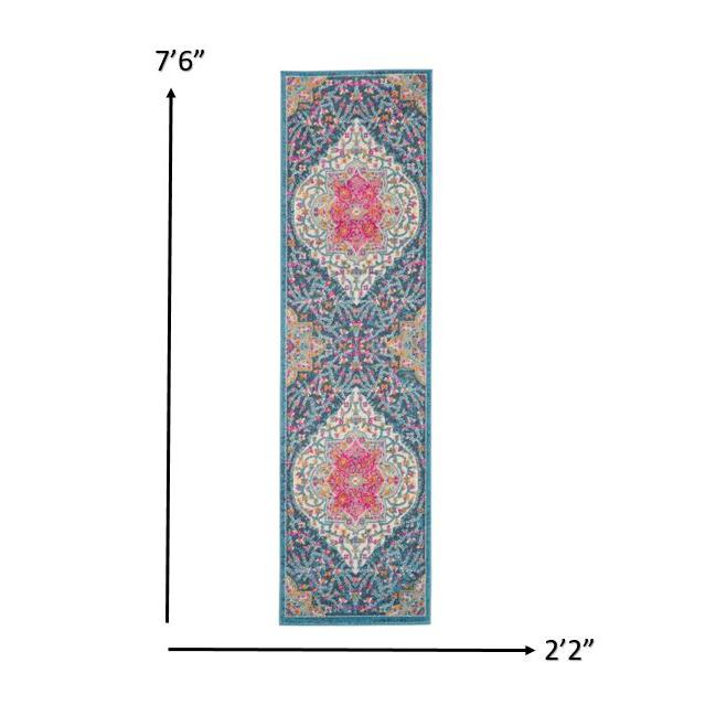 2’ x 8’ Blue and Pink Medallion Runner Rug Multicolor. Picture 6