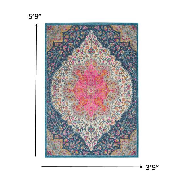 4’ x 6’ Blue and Pink Medallion Area Rug Multicolor. Picture 8
